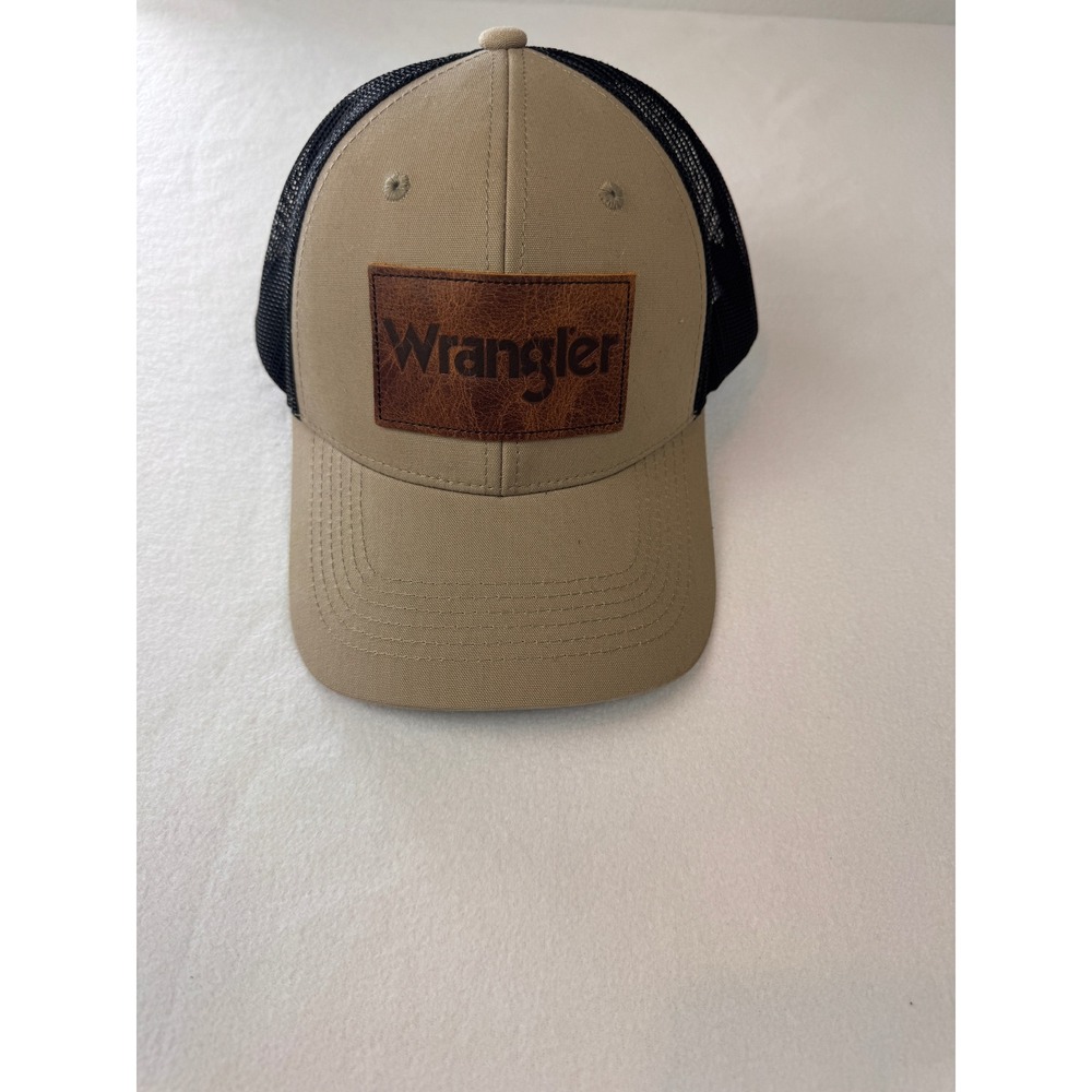 Wrangler Trucker Hat Tan Black Mesh Snapback Leather Logo Patch Adjustable Cap